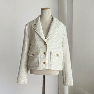 Rachel Zoe White Ivory Tweed Cropped Blazer Jacket with Gold Buttons